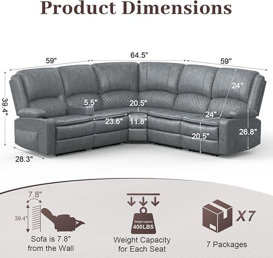 Manual Reclining Sectional Sofa Set, 5 Seats Soft Leather Recliner Corner Sectional Couch, Family-Sized L-Shaped Recliner Couch with USB Charging, Thickened Padding, Sturdy Frame, Grey