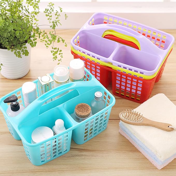 Haundry Plastic Shower Caddy Basket with 3 Compartments, Portable Divided Cleaning Supply Storage Organizer with Handle (Pink)