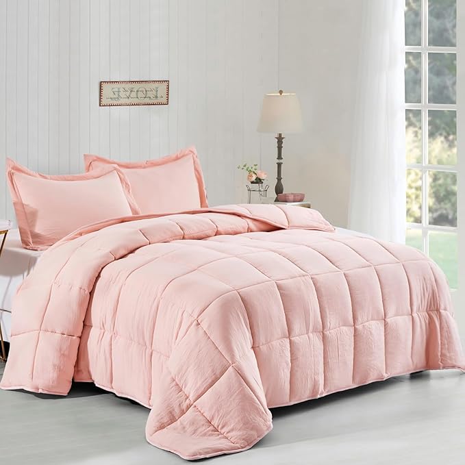HIG 3pc Prewashed All Season Down Alternative Comforter Duvet Insert -Quilted Comforter with Corner Tabs -Box Stitched -250GSM Fiberfill Chic Farmhouse Style Bedding(Twin,Peach Pink)