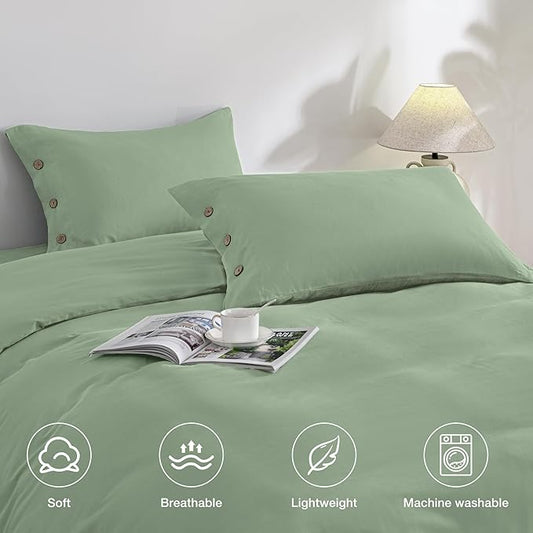 JELLYMONI Pillowcases King Set of 2 Cotton Button Pillow Covers 20×36in Light Green Bed Pillow Cases 100% Washed Cotton Soft Breathable (Pillows are not Included)