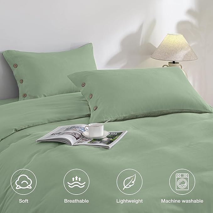 JELLYMONI Pillowcases Standard Set of 2 Cotton Button Pillow Covers 20×26in Light Green Bed Pillow Cases 100% Washed Cotton Soft Breathable (Pillows are not Included)