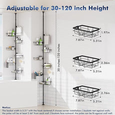 Shower Caddy Organizer Tension Pole, Rustproof 6-Pack Corner Shelf with 30-120 Inch Adjustable Shower Rack for Inside Shower, Extra Towel Bar & Soap Dish for Bathroom Organizers and Storage, Black