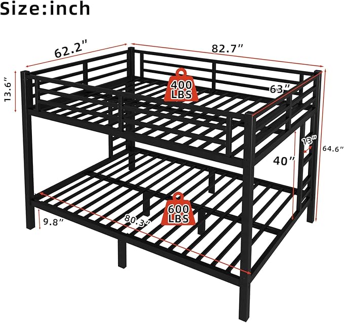 Queen Over Queen Bunk Bed, Metal Bunk Bed Frame Heavy Duty Bunk Beds Loft Bed Frame with Ladder and Guardrail Metal Slats No Box Spring Required for Adults Teens,Black