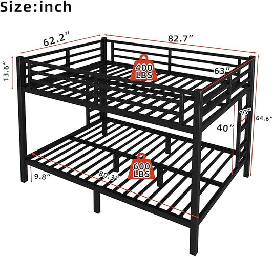 Queen Over Queen Bunk Bed, Metal Bunk Bed Frame Heavy Duty Bunk Beds Loft Bed Frame with Ladder and Guardrail Metal Slats No Box Spring Required for Adults Teens,Black