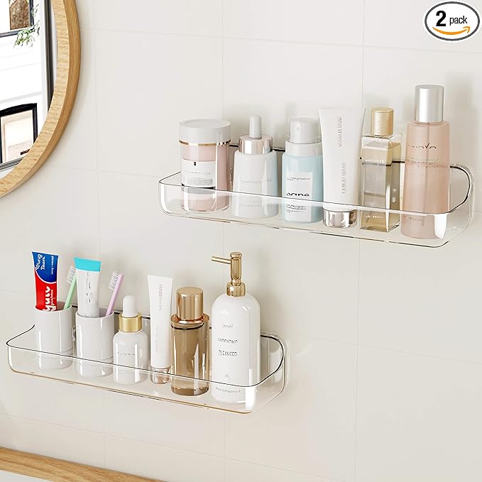 UDD Acrylic Clear Shower Caddy Adhesive Shelf, 2pc Plastic Shower Organizer with Self Adhesive Tape, No Drilling Wall Mount Shower Shelves for Bathroom Kitchen, Transparent