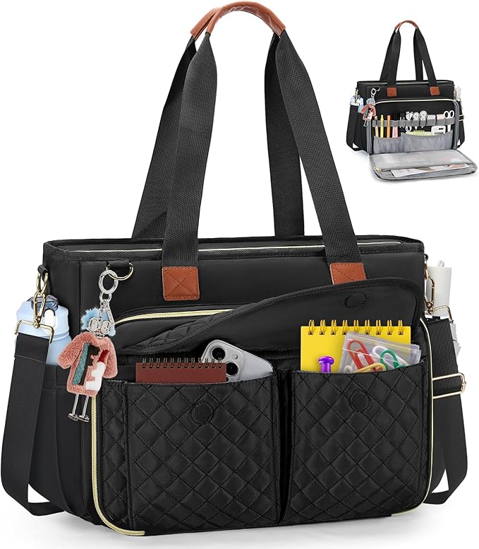 RAINSMORE Teacher Tote Bag for Women Work Bags 15.6 Inch Laptop Tote Bag with Large Cup Holder Nurse Bag Computer Handbag