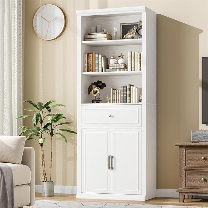 Rresyet Bookcase, 6 Tier White Bookshelf 28" W Tall Minimalist Bookshelves with Storage Cabinet Suitable for Offices, Libraries, Living Rooms