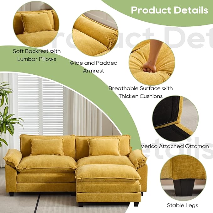 86" Modular Sectional Sofa, Comfy Cloud Couch Sectional Sofa with Ottoman, Chenille Sofa Sleeper Deep Seat Sofa with Throw Pillows for Living Room (Yellow, 86"- L Shape)