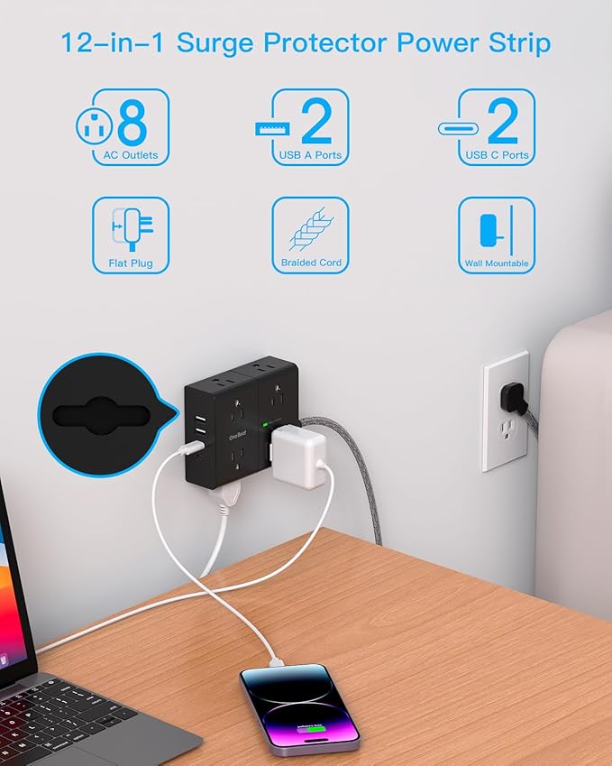 10Ft Extension Cord with Multiple Outlets, Flat Plug Power Strip Surge Protector 10 Ft Long Cord, 8 Outlet 4 USB Ports (2 USB C), Multi Outlet Wall Plug for Office, College Dorm Essentials - Black