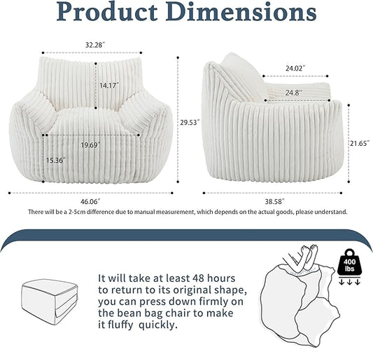 Giant Plush Bean Bag Chair for Adults with Armrests - Oversized Comfy Beige Beanbag Lounge Lazy Floor Sofa Accent Chair for Living Room, Bedroom & Dorm, Cozy Fluffy Single Cloud Mini Couch