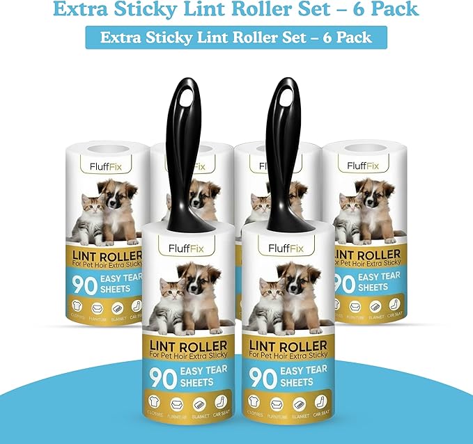 Extra Sticky Lint Roller Set 6 Pack 540 Sheets Wide Lint Remover Refills with 2 Easy Grip Handles Pet Hair Remover for Clothes Furniture Car Seats Bedding Couch Carpet and Laundry