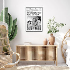 Vintage Women Times Newspaper Canvas Wall Art Black and White Aesthetic Poster Funky Hot Girl Eating Pasta Fashion Prints for Italian Kitchen Bar Cart Girly Dorm Room Art Posters 24x36inch black framed