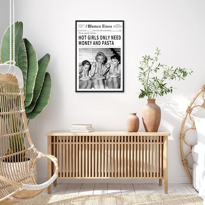 Vintage Women Times Newspaper Canvas Wall Art Black and White Aesthetic Poster Funky Hot Girl Eating Pasta Fashion Prints for Italian Kitchen Bar Cart Girly Dorm Room Art Posters 24x36inch black framed