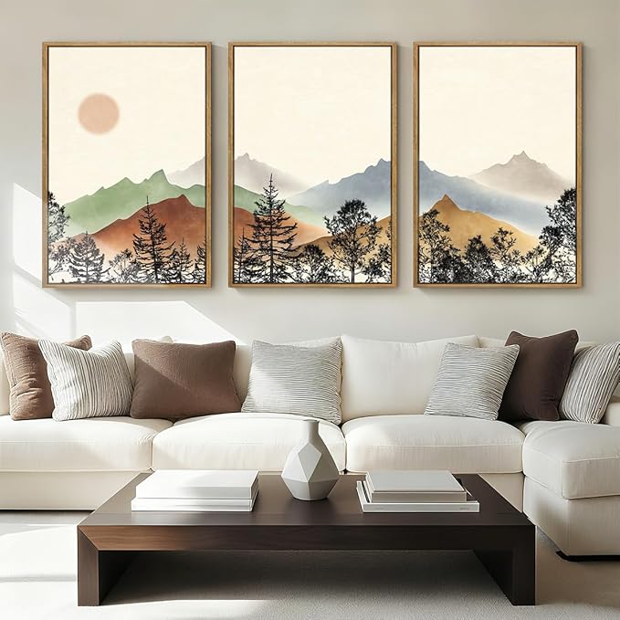 BINCUE Boho Mountain Canvas Wall Art Framed Mountain Wood Wall Decor for Living Room Bedroom Office 3 Panel 16x24 Inches