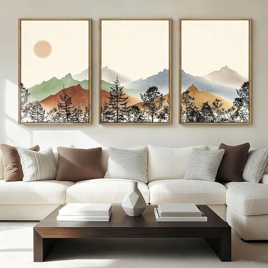 BINCUE Boho Mountain Canvas Wall Art Framed Mountain Wood Wall Decor for Living Room Bedroom Office 3 Panel 16x24 Inches