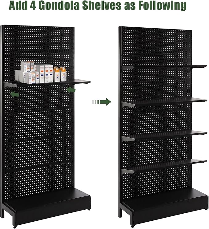 Eastern Tree 4 Packs Gondola Shelves 35 1/4”L x 11 1/2”W for Industrial Grade Black Pegboard Display Stand, 4 Shelves for Gondola Units with 8 Pieces Supply Arms