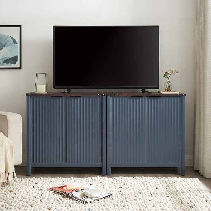 32 Fluted Sideboard Storage Cabinet Buffet - 7-Level Adjustable Shelves, Modern Farmhouse Rustic Kitchen Console Accent Cabinets, Coffee Bar Table for Dining Room (Navy Blue)