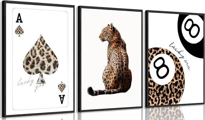XLYFVLGF 3Pcs Trendy Leopard Canvas Wall Art Cheetah Prints Wall Decor Pictures Funky Lucky You 8 Ball Posters Preppy Aesthetic Paintings for Girls Bedroom Dorm Apartment Decoration 16x24 inch