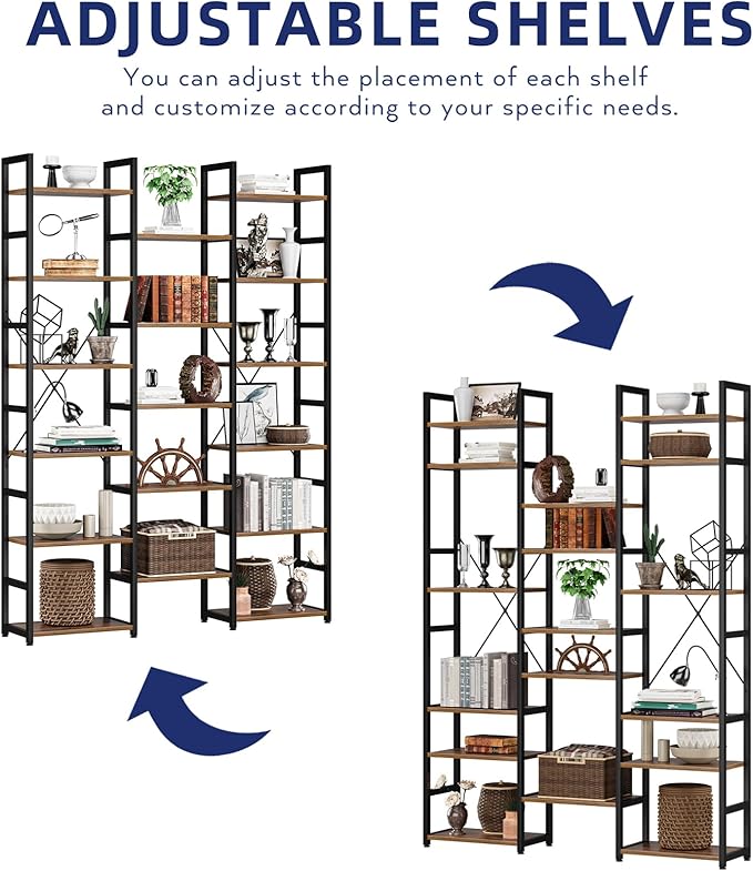 NUMENN 6-Tier Bookshelf Triple Column Bookcase with 17 Adjustable Open Display Shelves, Modern Book Shelves，Rustic Industrial Style Bookshelves for Bedroom, Living Room and Home Office, Vintage