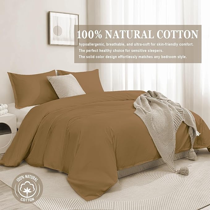 100-Percent Cotton Duvet Cover Set, Hidden Zipper Closure, Ultra Soft, Easy Care and Durable, Simple Bedding Style, Queen, Light Brown (Comforter Not Included)