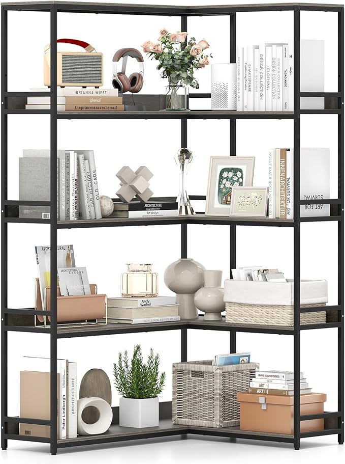 Giantex 5-Tier Corner Bookshelf, 71" L-Shaped Bookcase, Tall Etagere Bookshelf with Metal Frame, Industrial Open Display Shelf, Vertical Storage Rack for Living Room, Study, Office (Oak)