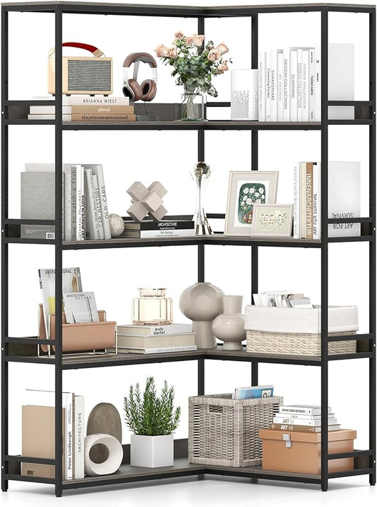 Giantex 5-Tier Corner Bookshelf, 71" L-Shaped Bookcase, Tall Etagere Bookshelf with Metal Frame, Industrial Open Display Shelf, Vertical Storage Rack for Living Room, Study, Office (Oak)