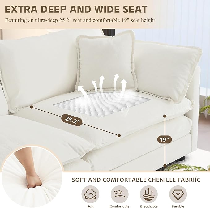 SoarFlash Chenille Sectional Sofa, Comfy Modular Loveseat Sofa, Modern 3-Seat Couch Deep Seat Sofa Set for Living Room,White