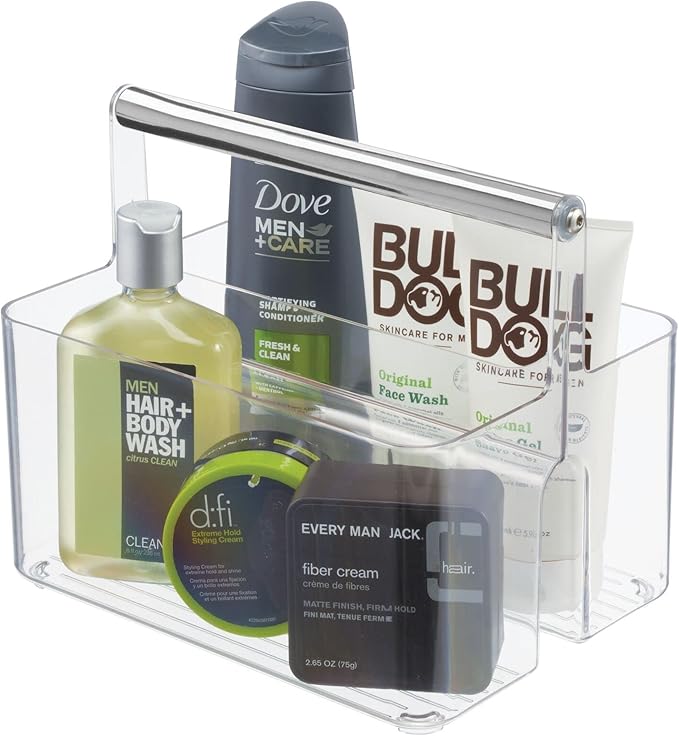 mDesign Plastic Shower Caddy Storage Organizer Utility Tote, Divided Basket Bin - Metal Handle for Bathroom, Dorm, Kitchen, Holds Soap, Shampoo, Conditioner - Aura Collection - Clear/Chrome
