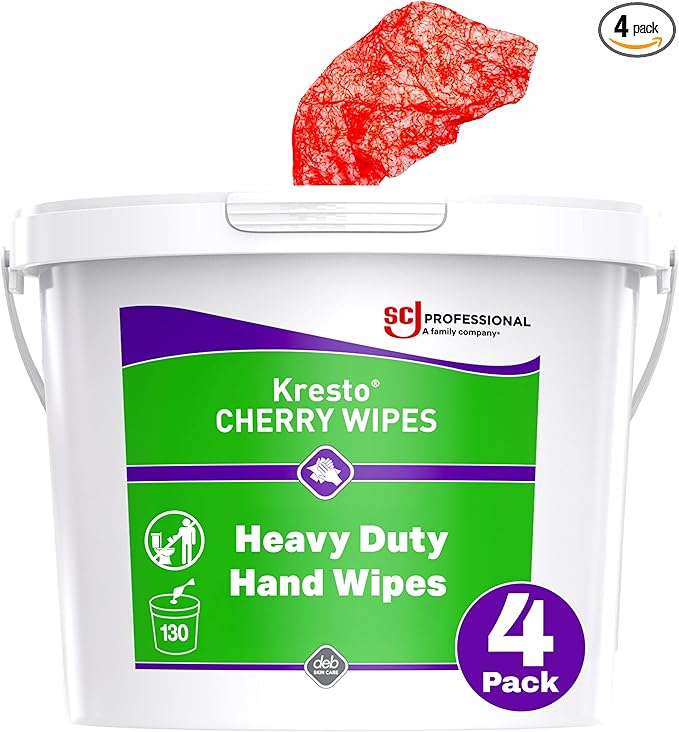 SC Johnson Professional Kresto Cherry Wipes for Heavy Duty Cleaning, 4-Pack of 130-count Buckets, Hand Cleaning Wipes for Mechanics and Other Professional Use