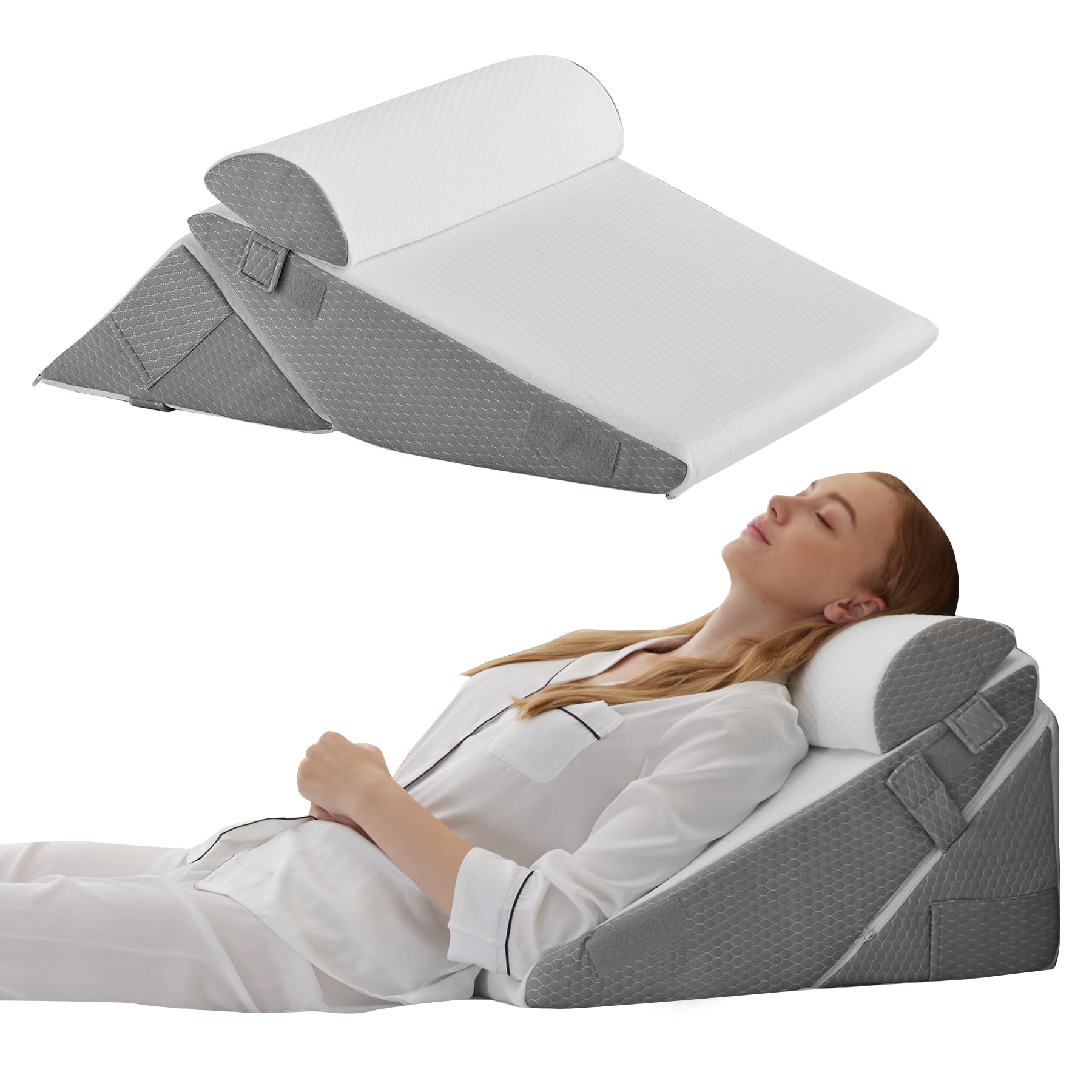 Bedluxe Wedge Pillow Headboard, 3PCS Orthopedic Bed Wedge Pillows Set for After Surgery, Adjustable Pillow Wedge for Acid Reflux&Back Pain Relief, Sleeping, Back Pillow for Bed Sitting Up, White/Grey Dormly