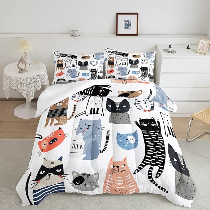CVHOUSE Cat Bedding,Cartoon Cat Comforter Queen,Animals Print Comforter Set for Kids,Kawaii Quilt Set with 1 Comforter and 2 Pillow Cases