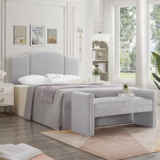 24KF Modern Upholstered Bed Bench Covered with Soft Boucle Teddy Fabric, Lovely Entryway Bench Ottoman with Armrest,5062-Gray