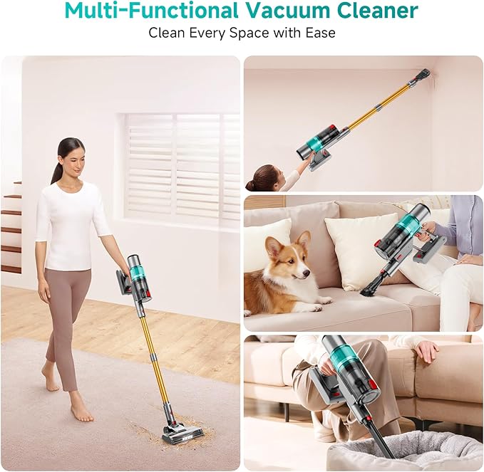 Cordless Vacuum Cleaner, 550W/45KPA Powerful Suction Cordless Stick Vacuum Cleaners for Home, Anti-Tangle Brush, Lightweight, 6-in-1 Rechargeable Vacuum for Pet Hair/Carpet/Hard Floor(Green)