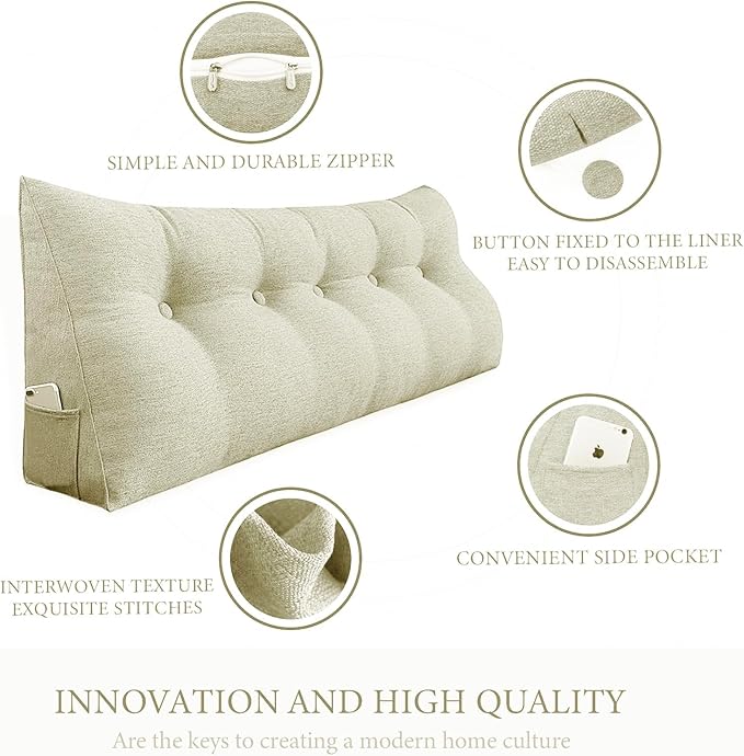 14 lbs Thickened King Headboard Pillow Wedge Pillow Headboard Reading Pillow Bed for Backrest Reading Triangular Pillow with Side Pocket for Sitting in Bed Cotton Linen White