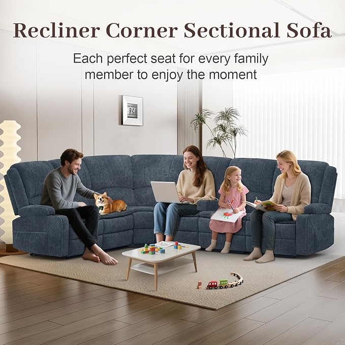 Manual Reclining Sectional Sofa Set, 6 Seats Soft Fabric Recliner Corner Sectional Couch, Family-Sized L-Shaped Recliner Couch with USB Charging, Thickened Padding, Sturdy Frame, Blue
