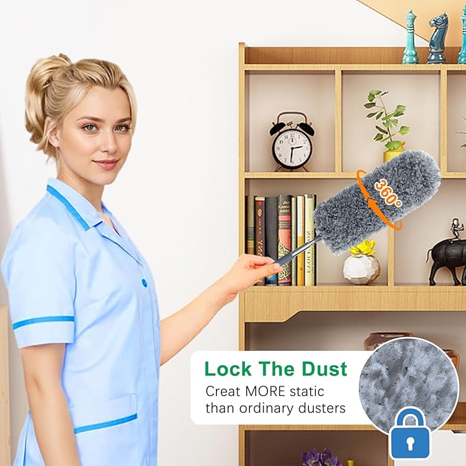 2 Pack Microfiber Feather Duster for Cleaning, Hand Washable Dusters with Extendable Pole, Cleaning Tools for Office, Car, Window, Furniture, Ceiling Fan