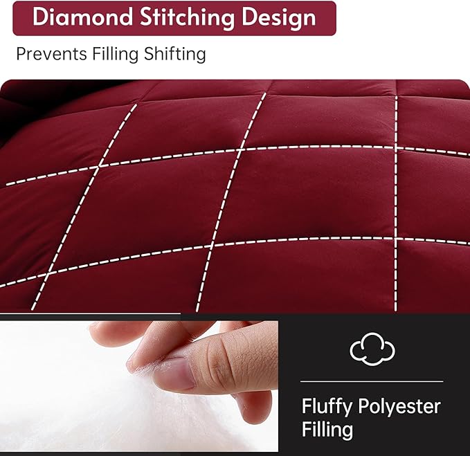 MUXHOMO 7 Pieces California King Comforter Set, Reversible Bed in a Bag Cal King Size, All Season Bedding Set with Comforter, Flat Sheet, Fitted Sheet, Pillowcases & Shams, Burgundy & Grey