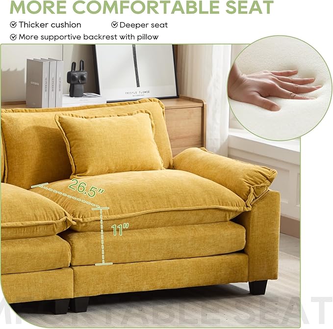 120" Modular Sectional Sofa, Comfy Cloud Couch Sectional Sofa with Ottoman, Chenille Sofa Sleeper Deep Seat Sofa with Throw Pillows for Living Room (Yellow, 120"- U Shape)
