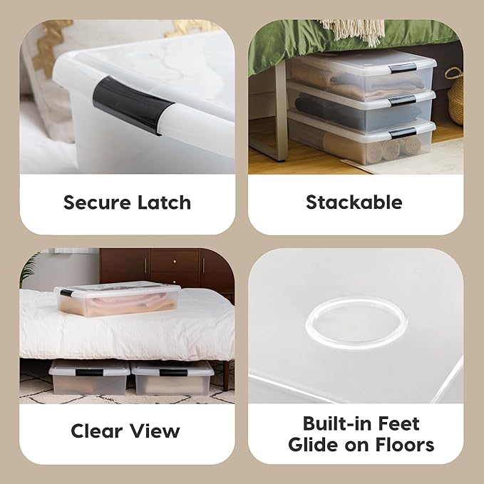 IRIS USA 40 Qt Plastic Under Bed Storage Nestable Organizer Bin Container with Secure Lids and Durable Buckles, 3-Pack, Under Bed Storage Containers for Clothes Shoes Bedding, Black/Clear