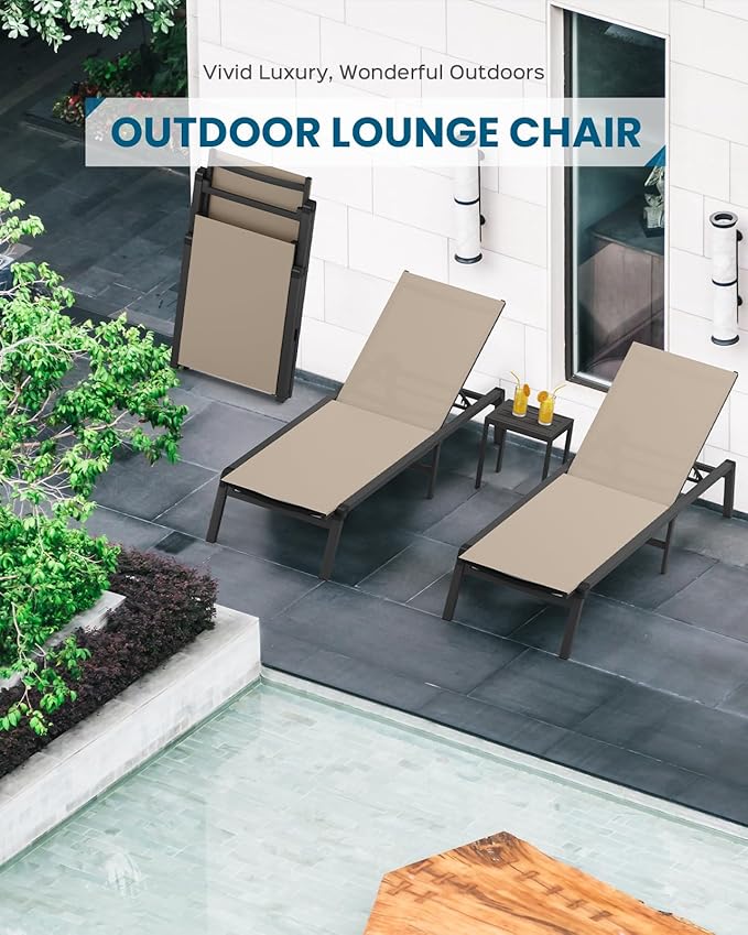 Foldable Pool Lounge Chairs, Aluminum Chaise Lounge Outdoor with 5 Positions Recliner - Free Assembly - Patio Lounge Chair for Poolside, Beach (Khaki)