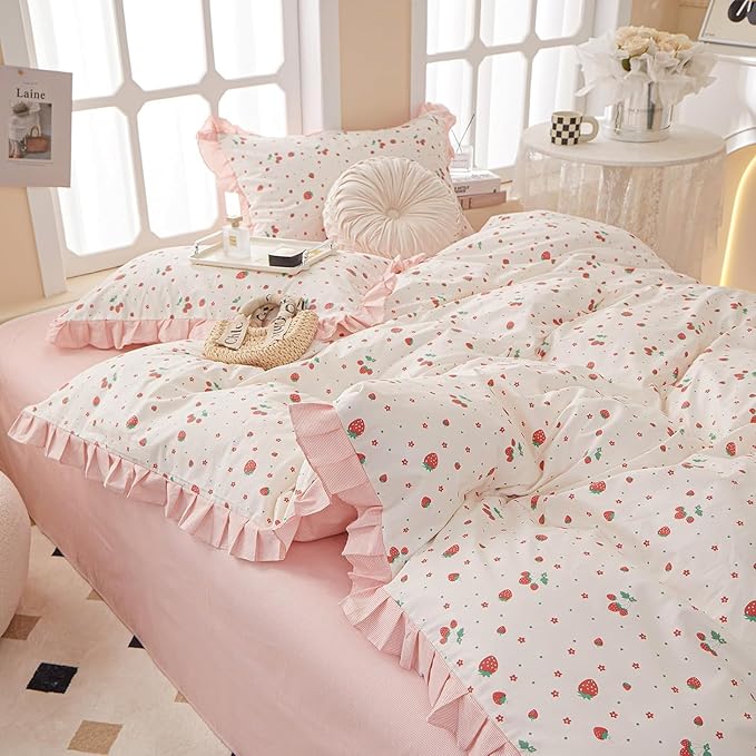 MKXI Strawberry Print Comforter Set - Pink and White Ruffled Bedding with Floral Accents, Soft Microfiber, 3-Piece Twin XL Size, Lightweight and Cozy for Kids, Teens, and Adults