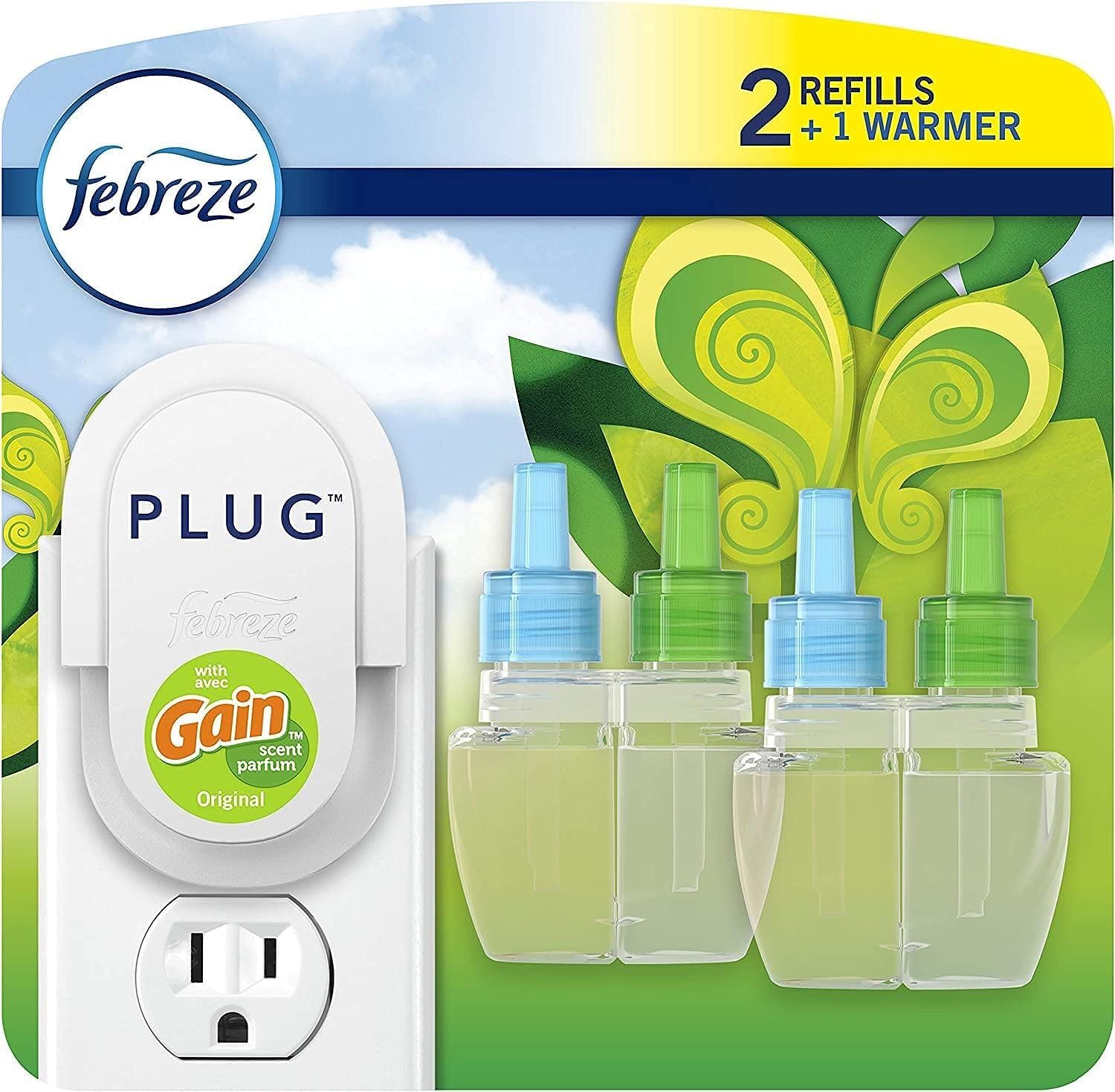 Febreze Plug-In Air Freshener, Odor-Fighting Scented Oil Refill, Air Fresheners for Home, Bathroom and Kitchen, Long Lasting, Gain Original Scent, 0.87oz Refills, Blue and Green, 3 Count Dormly