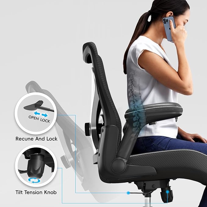 Office Home Ergonomic Desk Chair-Computer X-Shaped Chair Mesh PU Leather with Adjustable Lumbar Support-Executive Chair High Back Flip-Up Arms for Long Hours (Black-Silver-No Headrest)