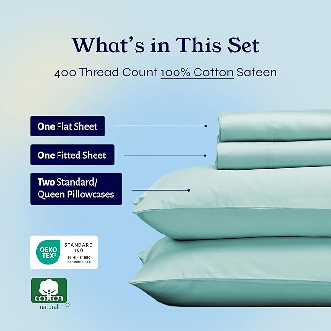 California Design Den Natural 100% Cotton Sheets, Soft Queen Sheet Set, 400 Thread Count Sateen, Deep Pockets with All-Around Elastic for a Snug Fit, Durable Bedding Set - Seafoam