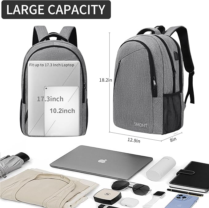 17 Inch Large Business Computer Backpack for Men Work, Mens Tech Laptop Bookbag for Commuter Office Adult Lightgrey