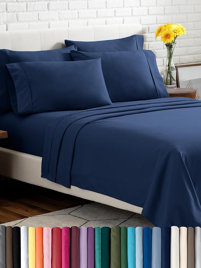 Bare Home Hotel Luxury King Sheet Set, Extra Soft - 6 Piece Set - Deep Pockets - Easy Fit - Cooling & Breathable - Wrinkle, Fade, Stain Resistant - Includes 4 Pillowcases (King, Dark Blue)