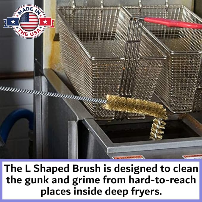 Deep Fryer Cleaning Brush – L-Shaped High-Temp Commercial Kitchen Tool - Heavy Duty Brass Bristles - Heat Resistant to 750F for Food Debris - Deep Fryer Cleaner - Made in USA by FryOilSaver Co. B53C