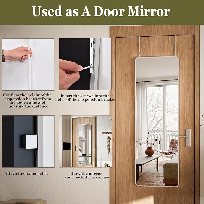 BEAUTYPEAK 14"x48" Full Length Over The Door Mirror, Aluminum Alloy Frame Full Body Mirror with Height-Adjustable Hangers, Hanging Mirrors for Bedroom, Living Room, Bathroom, Silver