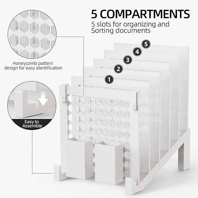 File Organizer for Desk with Storage Box & Hook, Inclined Desk File Organizer with 5-Section Vertical File Holder suitable for Home Office Document Organization (White)
