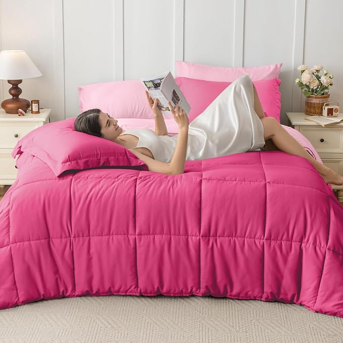 JOLLYVOGUE Twin XL Comforter Set, Ultra-Soft Bed in a Bag Twin XL Size 5 Pieces, Oeko-TEX Certified Bedding Set with Down Alternative Comforter, Sheets, Pillowcases & Shams, Hot Pink & Baby Pink